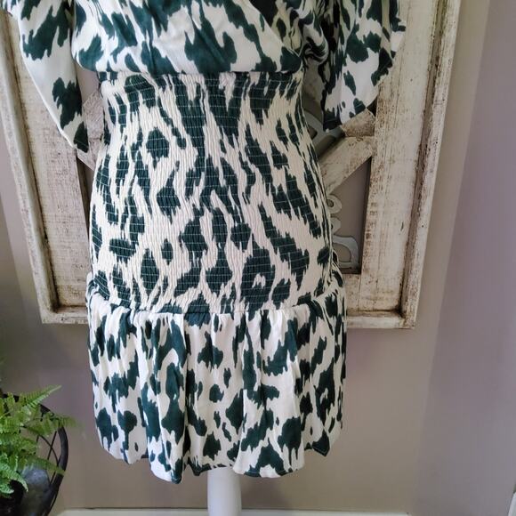 Macaron Women's Surplice Woven Smocked Waist Ruffle Mini Dress in Green Leopard - Picture 4 of 16